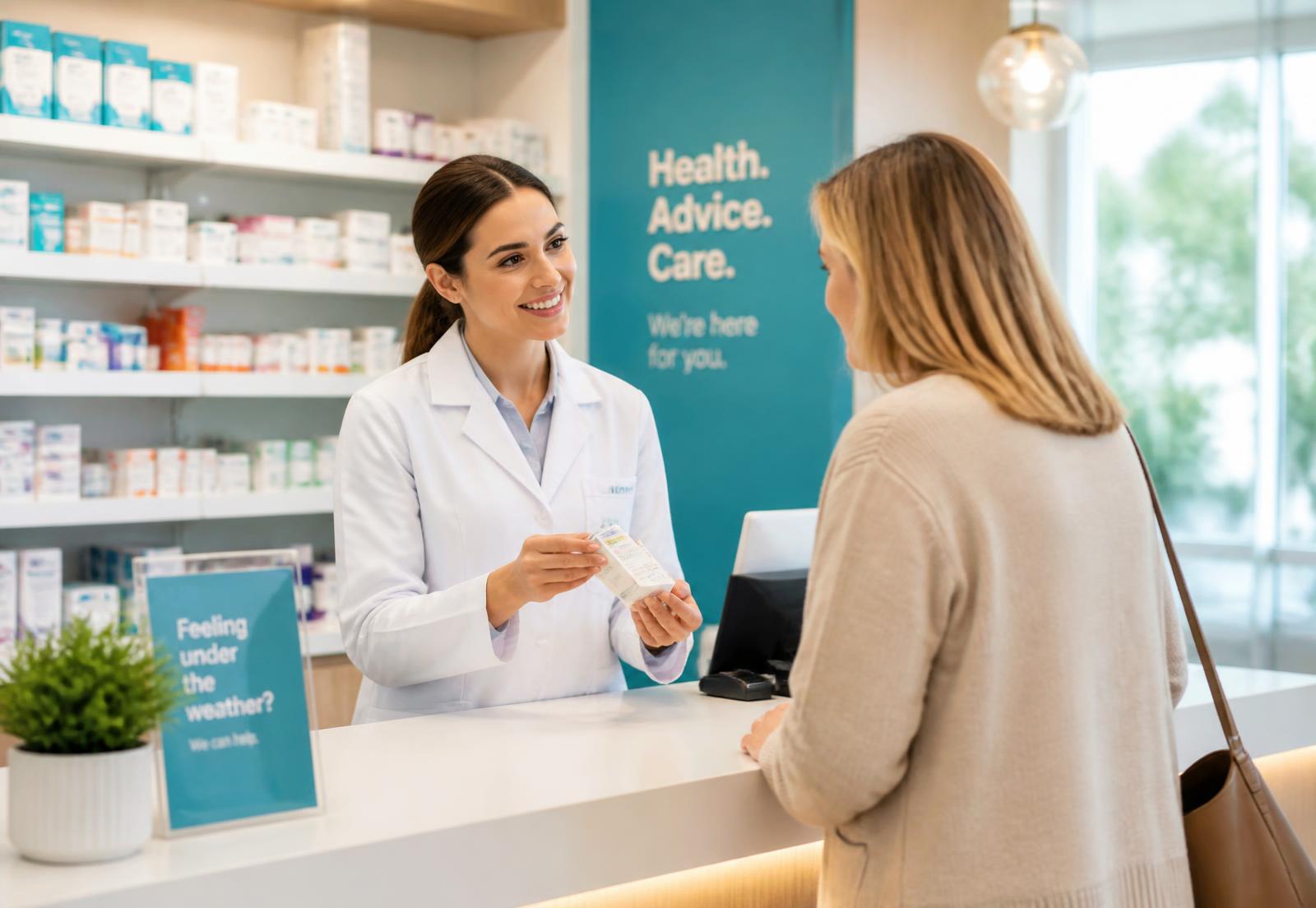 A MedSync pharmacist handing a prescription to a customer at the counter